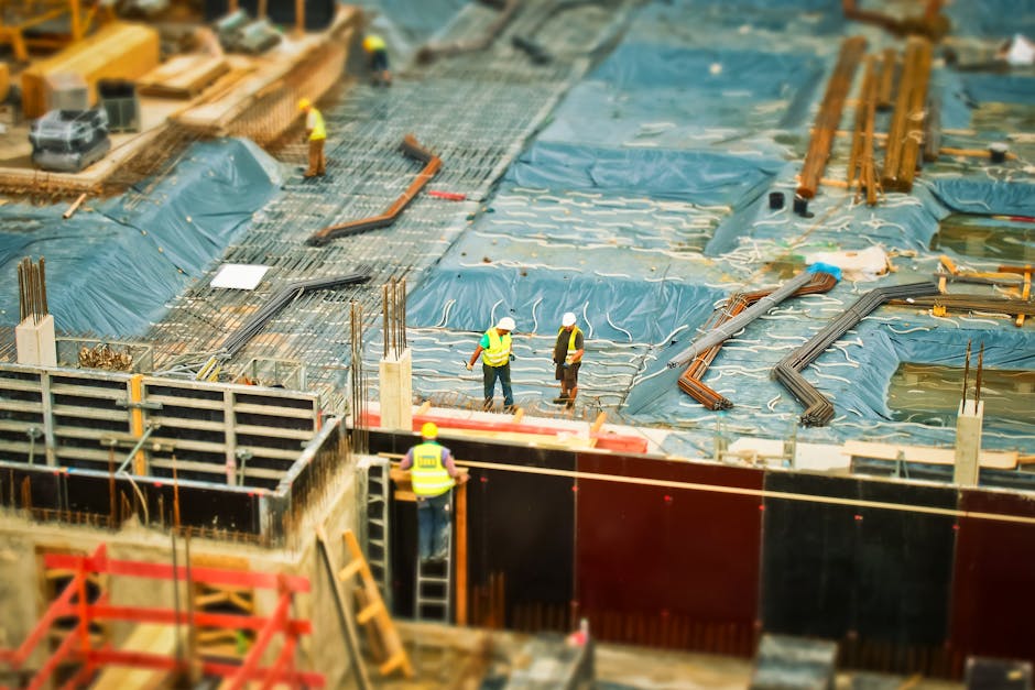 High-angle view of construction workers on a building site.
