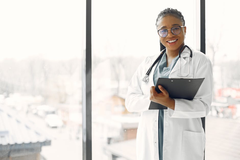 Professional female doctor smiling confidently holding a clipboard indoors